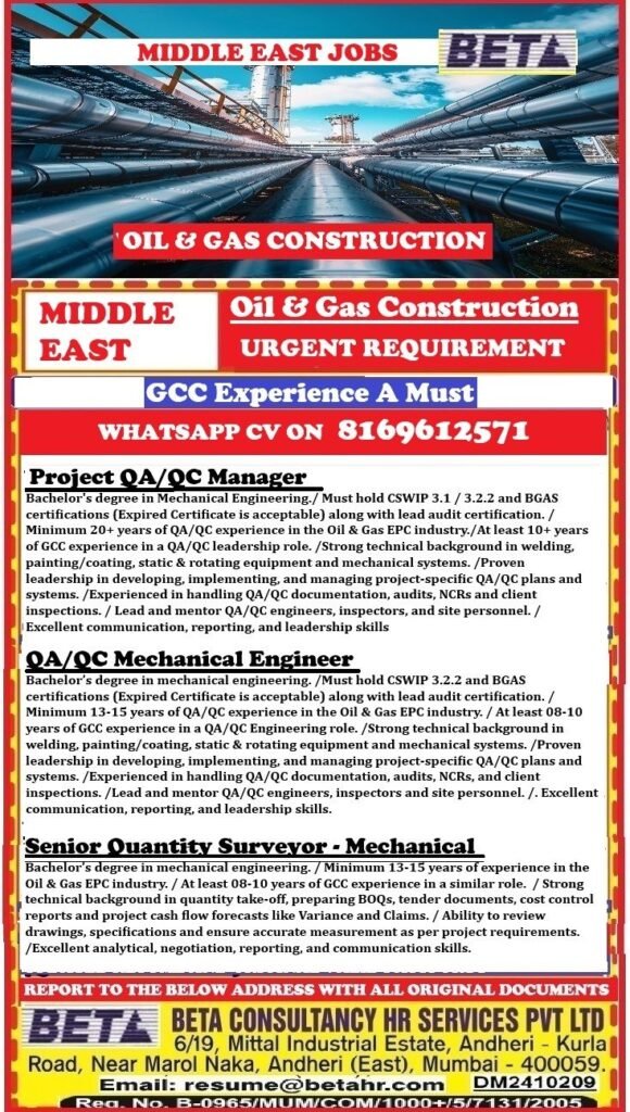 Middle East - Oil & Gas Construction Jobs - Apply Today