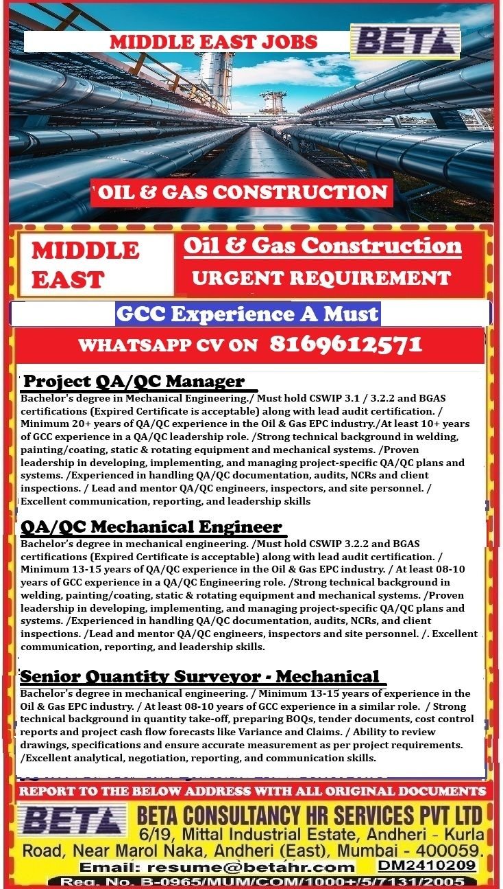 Middle East - Oil & Gas Construction Jobs - Apply Today