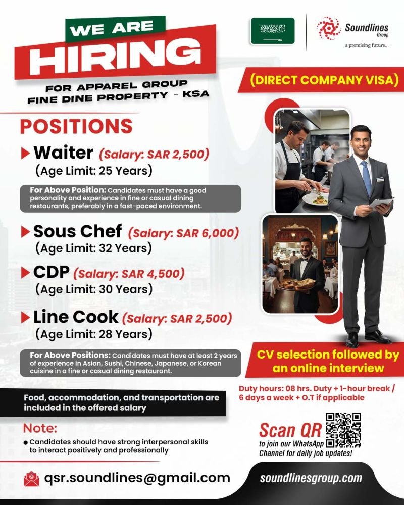 Hiring For Fine Dine Property in Saudi Arabia