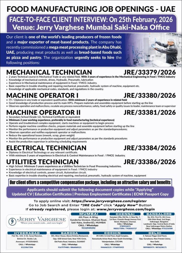 UAE Food Manufacturing Jobs 2026 – Mechanical, Electrical & Machine Operators | Apply Now