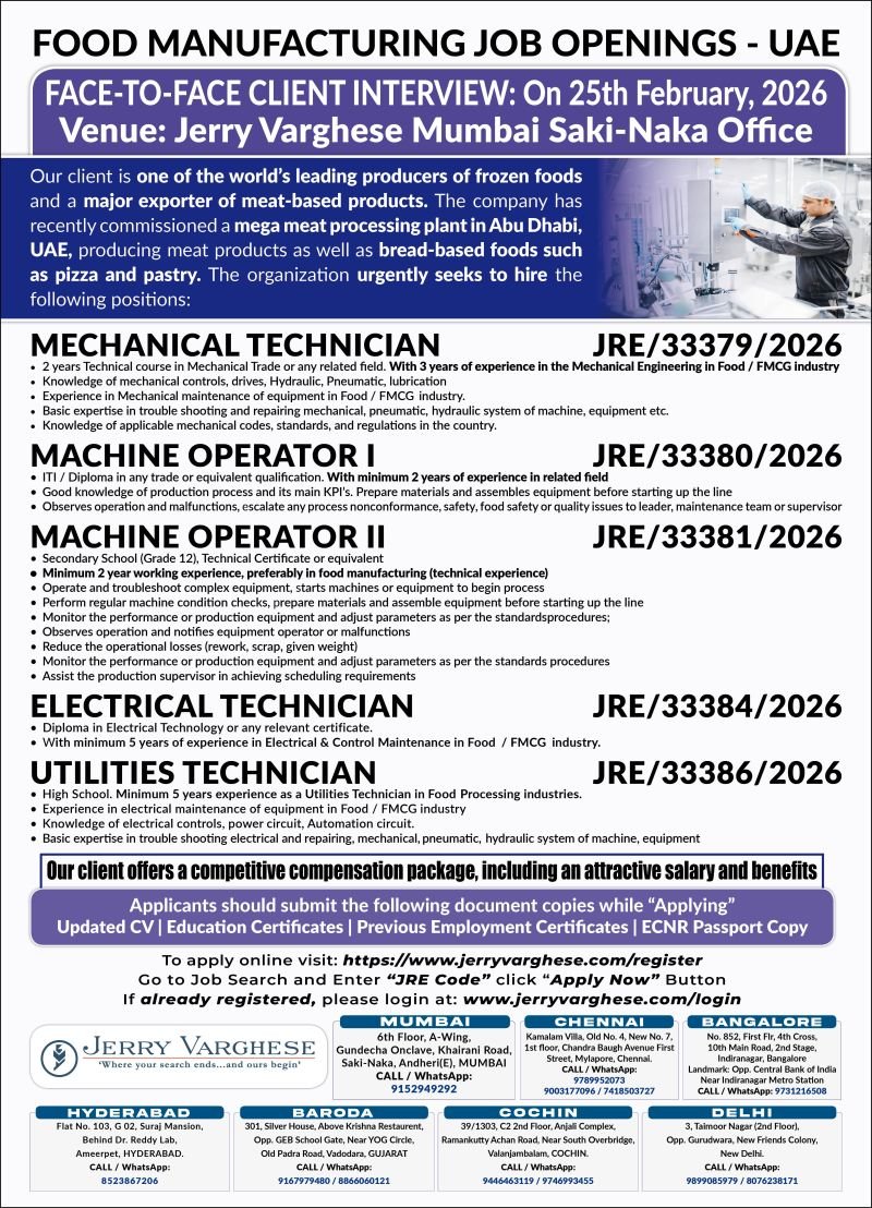UAE Food Manufacturing Jobs 2026 – Mechanical, Electrical & Machine Operators | Apply Now