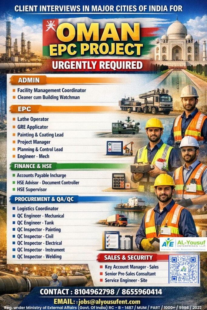 Oman EPC Project Jobs 2026 – Client Interviews in Major Indian Cities | Urgent Vacancies