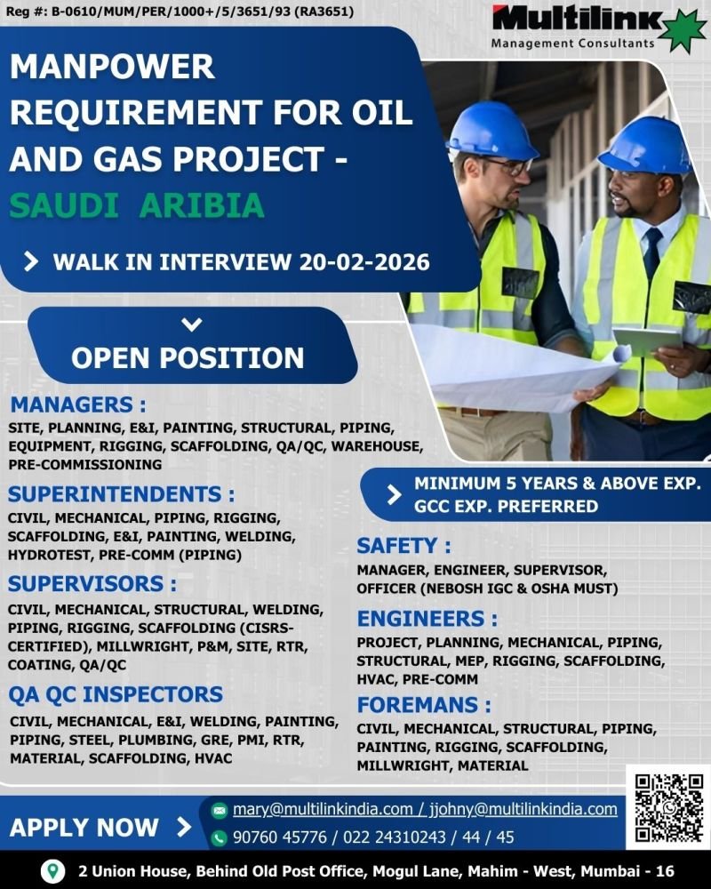 Saudi Arabia Oil & Gas Jobs 2026 – Walk-In Interview on 20 February | Multiple Engineering Vacancies