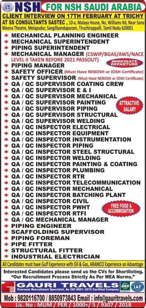 Urgent Recruitment For NSH Saudi Arabia