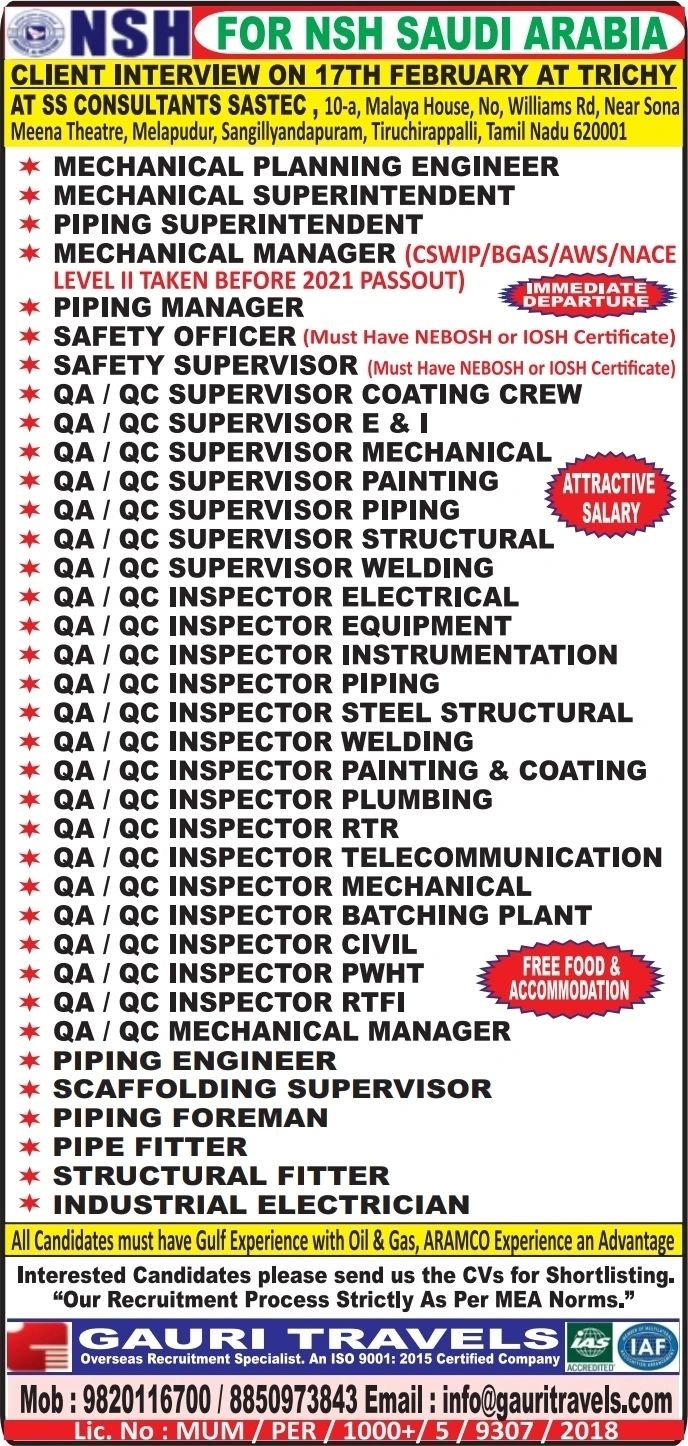 Urgent Recruitment For NSH Saudi Arabia