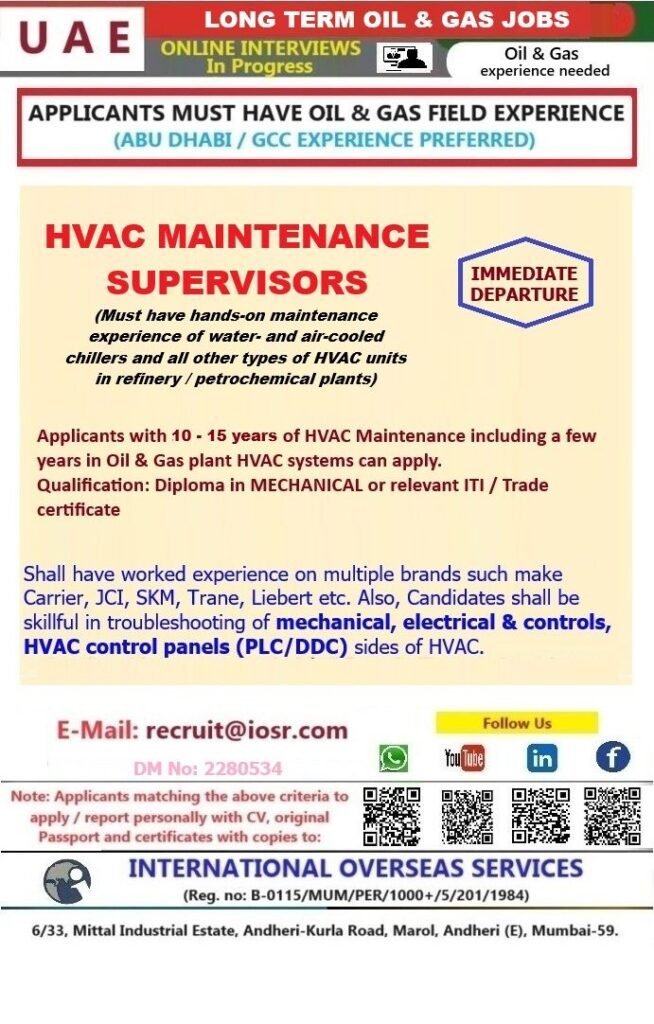 UAE - Hvac Maintenance Supervisor Job Opportunities - Apply Now