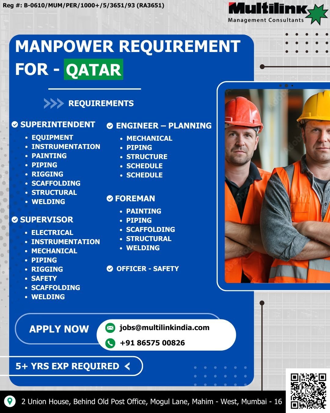 Qatar Manpower Recruitment 2026 – Superintendent, Engineers, Supervisors & Foreman Jobs | Apply Now