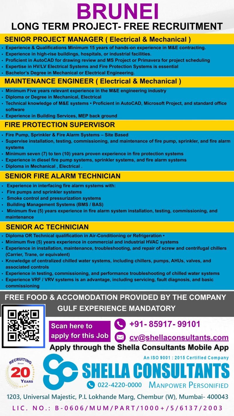 MEP & Fire Protection Jobs in Brunei – Long Term Project | Free Recruitment | 2026 Hiring
