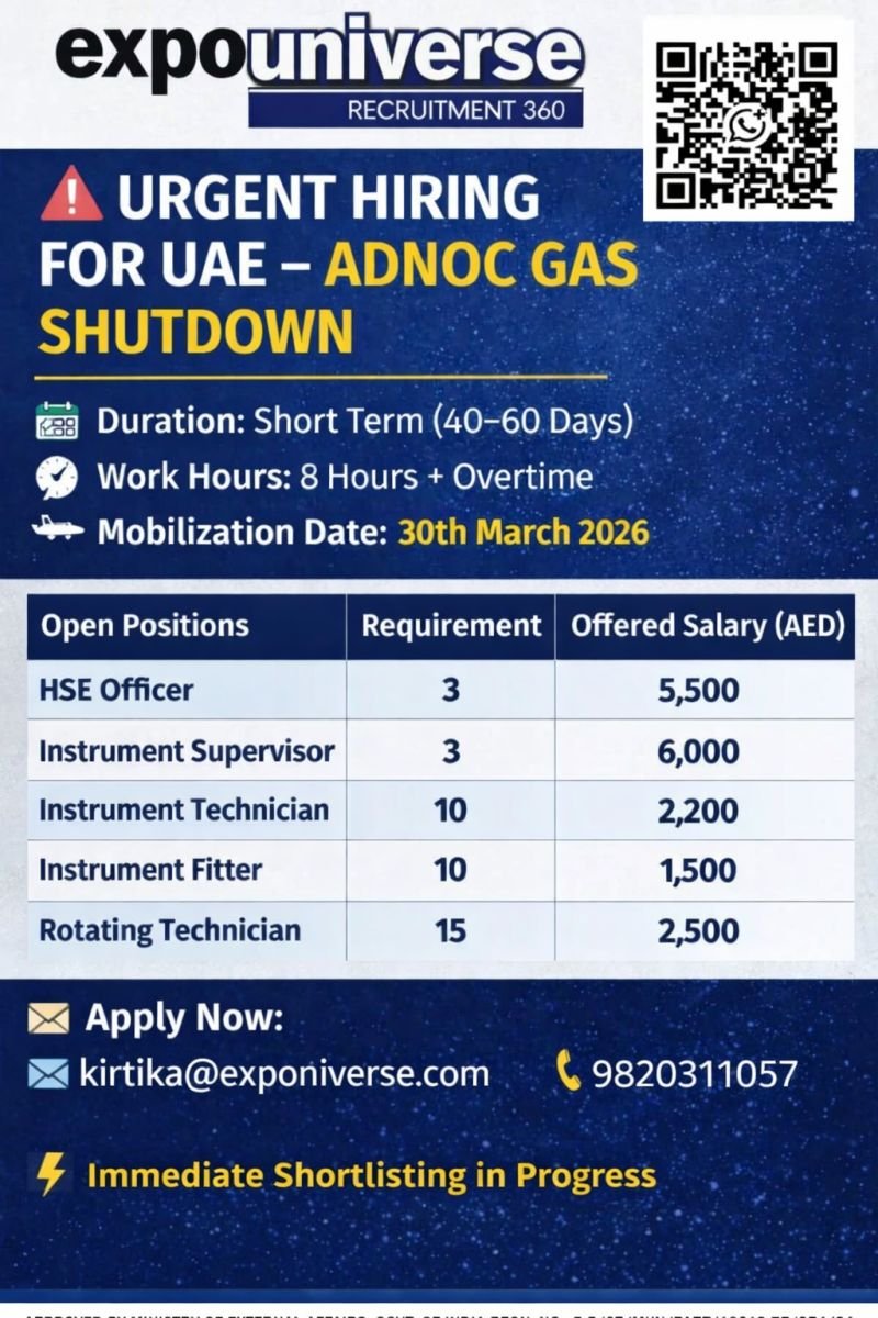 Urgent Hiring For UAE Sutdown Project