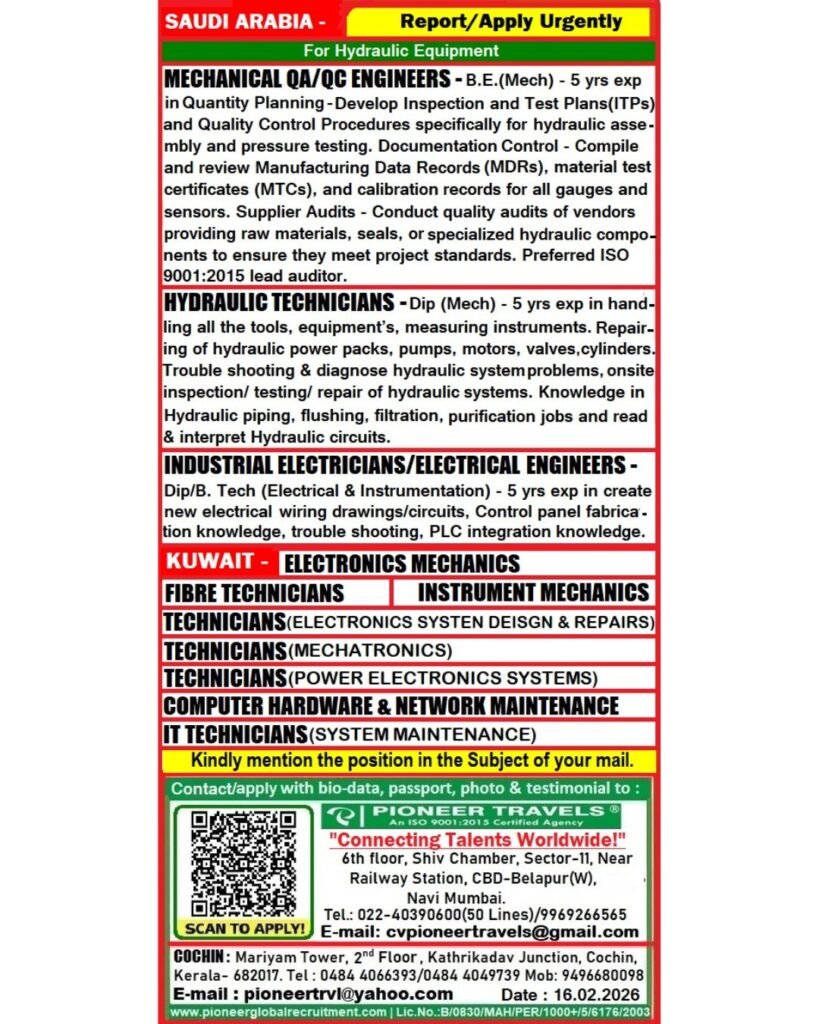 Urgent Hiring For Saudi Arabia & Kuwait