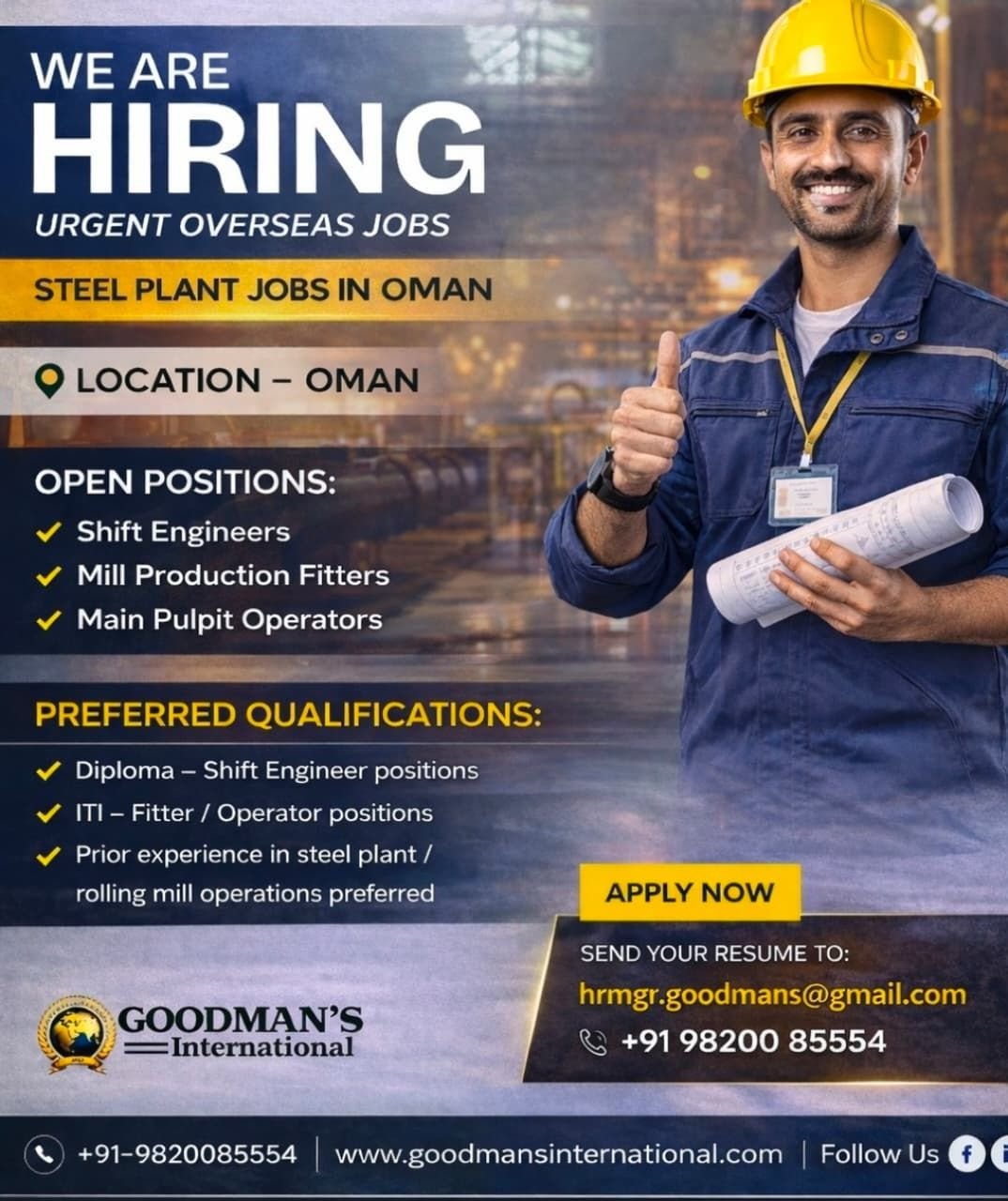 Steel Plant Jobs in Oman 2026 –  Apply Now