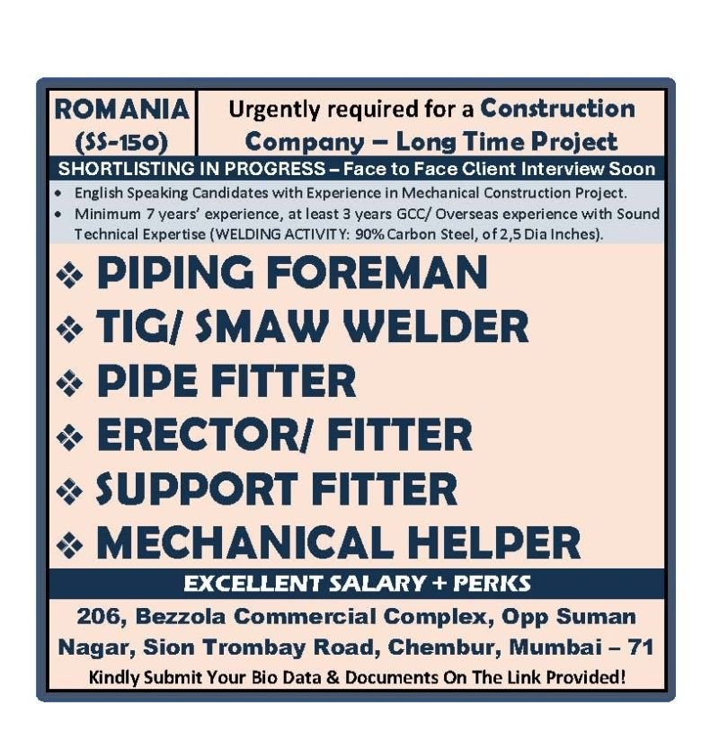 ROMANIA : Hiring For Construction Company - Apply Now