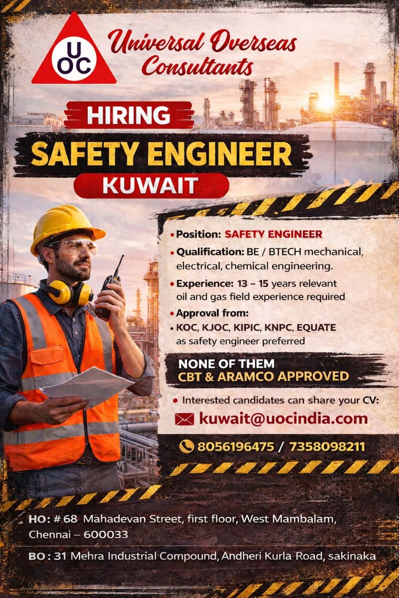 Hiring Safety Engineer For Kuwait