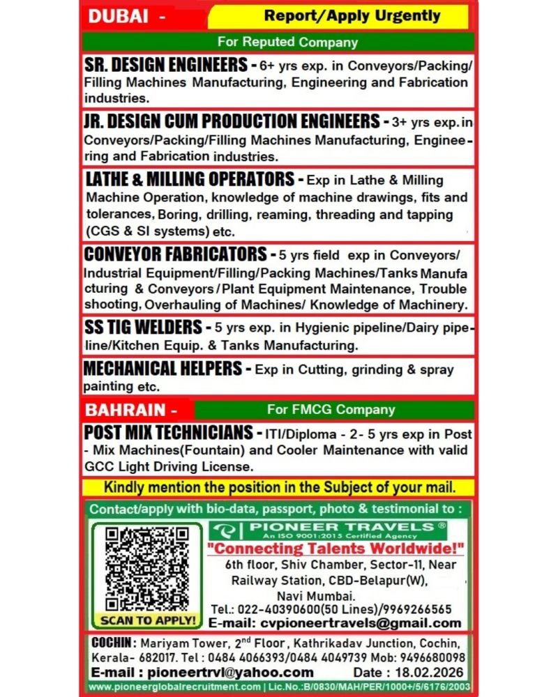 Urgently Hiring For Dubai & Bahrain