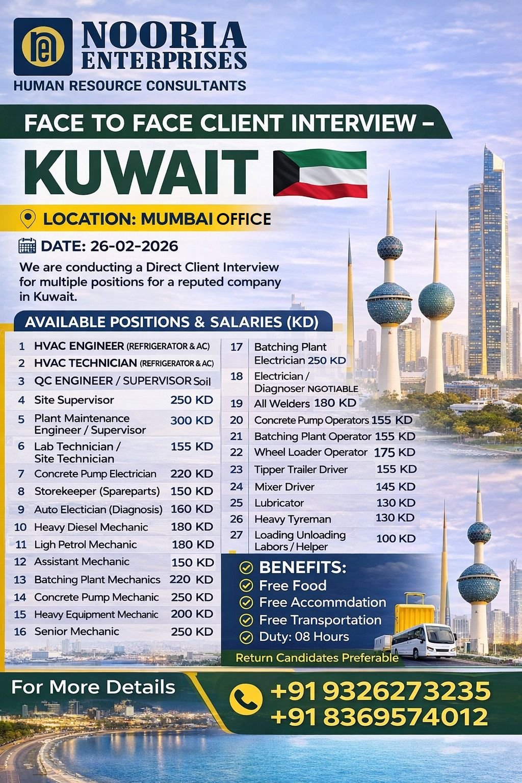 Kuwait Jobs 2026 – HVAC, Mechanical, Electrical & Construction Roles - Apply Now