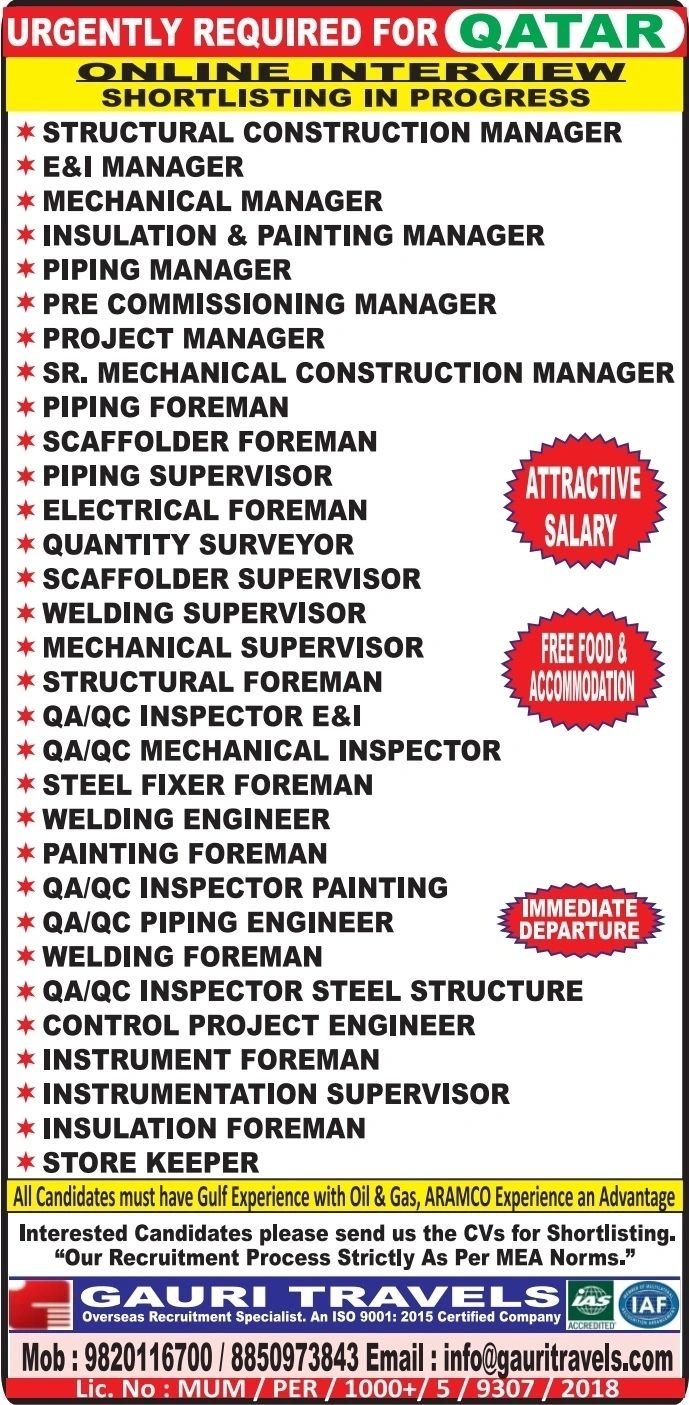 Urgently Hiring for Qatar – Oil & Gas Jobs 2026 | Online Interview 