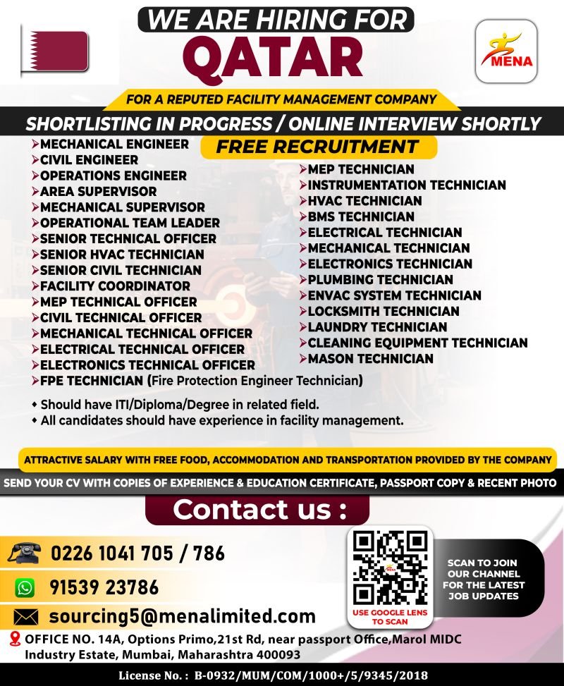 Qatar : Urgent Hiring For reputed facility management company