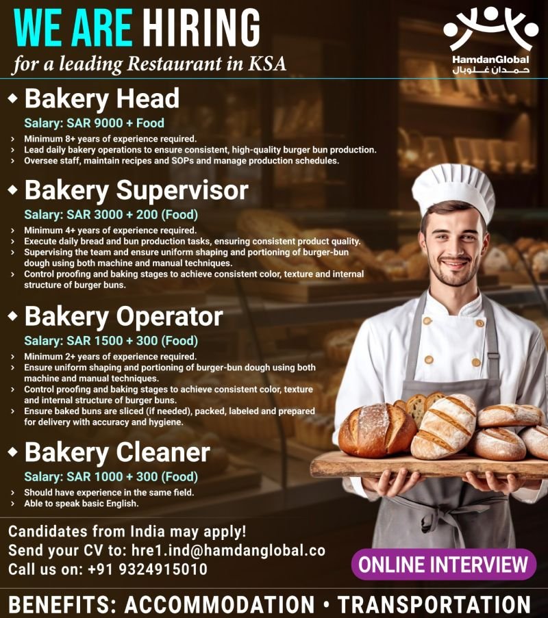 Urgent hiring for a leading restaurant in Saudi Arabia - Online interview
