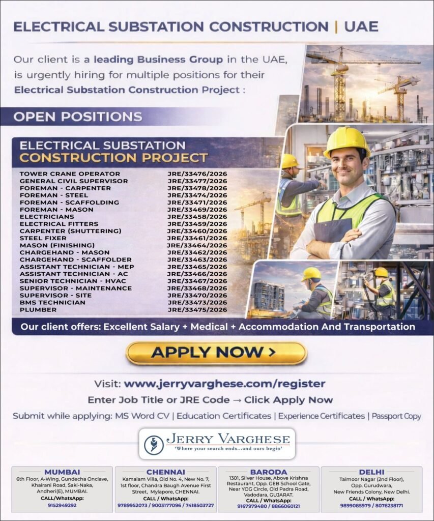 Electrical Substation Construction Jobs in UAE 2026 – Multiple Vacancies | Apply Online