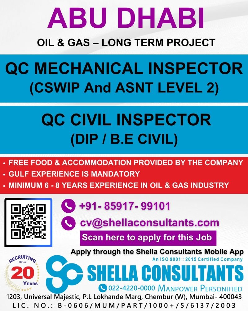 Abu Dhabi Oil & Gas Jobs 2026 – QC Mechanical & QC Civil Inspector | Long-Term Project
