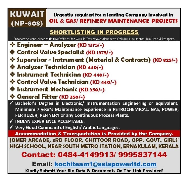 Jobs in Kuwait 2026 : Hiring For Oil & Gas / Refinery Maintenance Project - Apply Today