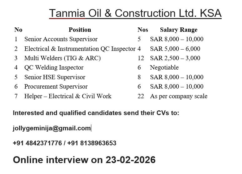Saudi Arabia : Tanmia Oil & Construction Ltd KSA Jobs 2026 – Online Interview on 23-02-2026 | Multiple Vacancies