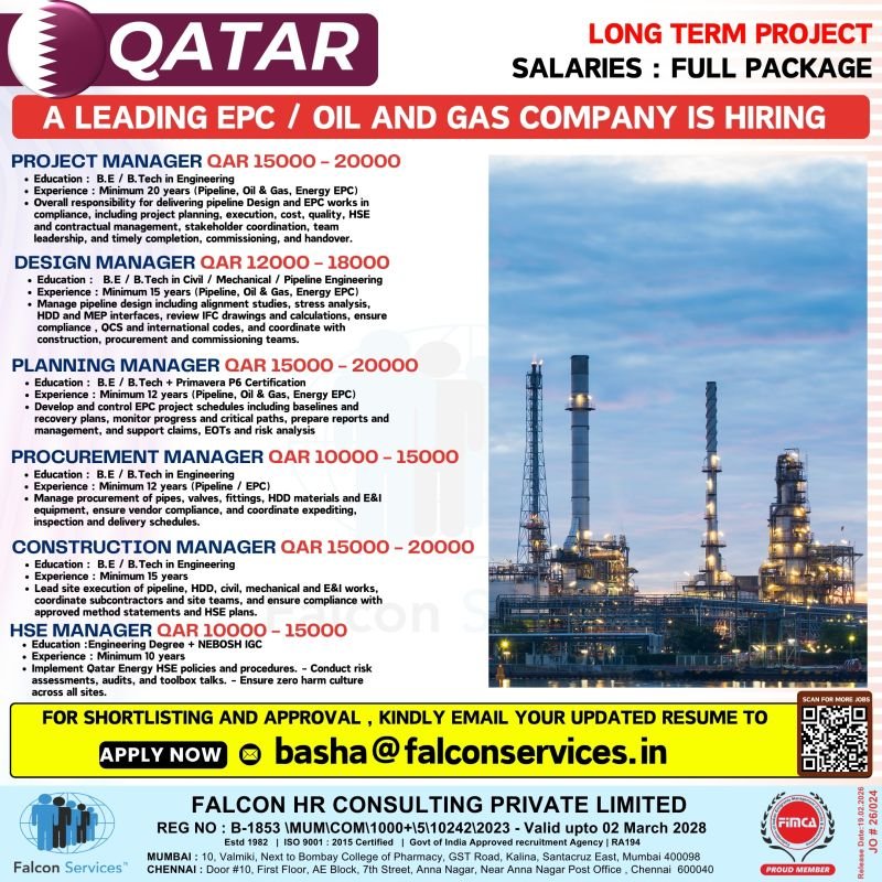 Qatar Hiring | Leading EPC & Oil & Gas Company - Apply Now