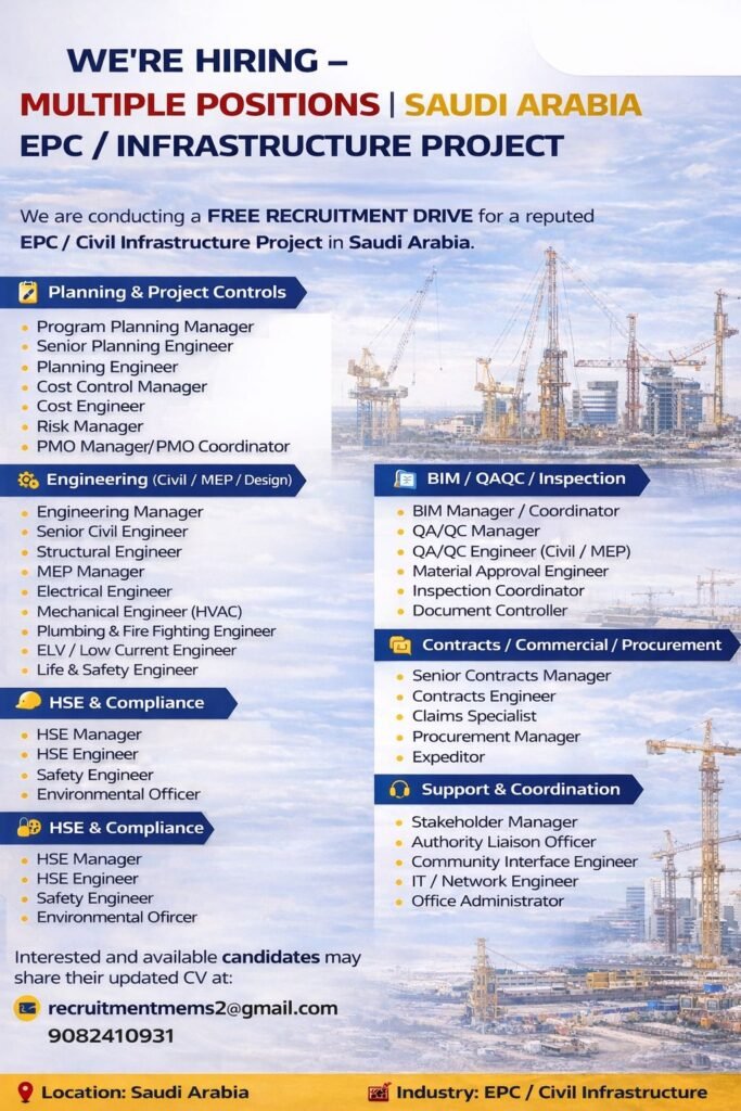 Saudi Arabia EPC Jobs 2026 | Free Recruitment Drive | Civil & Infrastructure Project - Apply Now