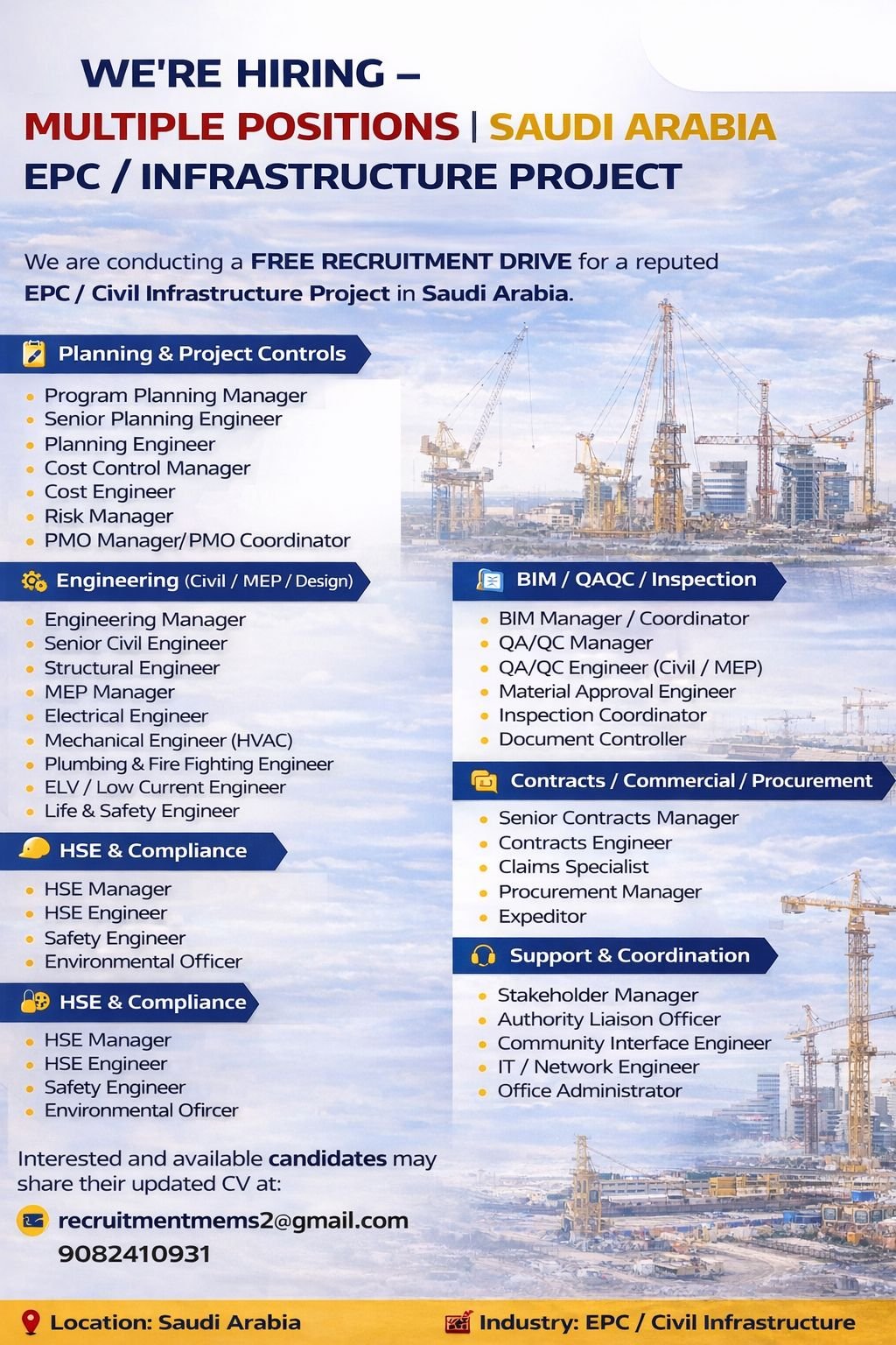 Saudi Arabia EPC Jobs 2026 | Free Recruitment Drive | Civil & Infrastructure Project - Apply Now