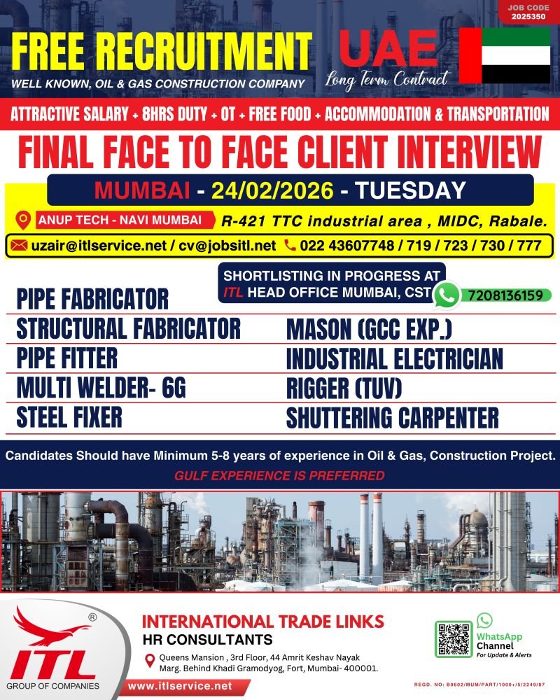 UAE : Free Recruitment For Oil Gas Construction Company