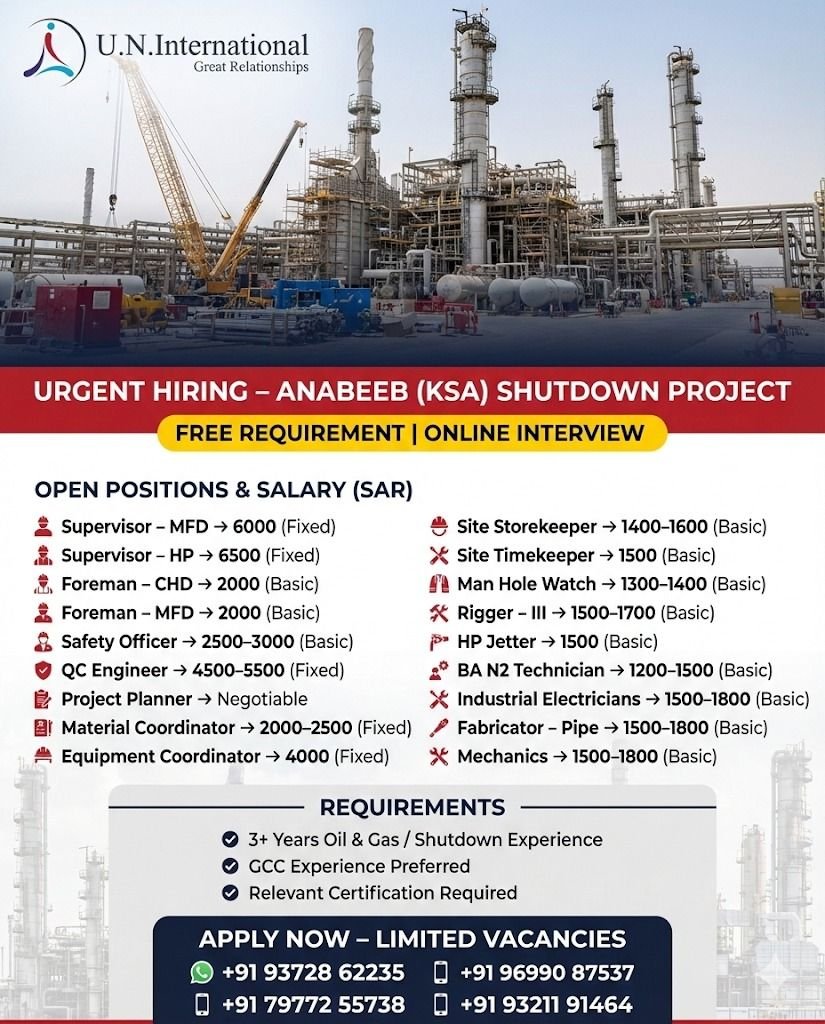 Urgent Hiring for Anabeeb Saudi Shutdown Project 2026 | Free Recruitment | Online Interview | Oil & Gas Jobs in Saudi Arabia