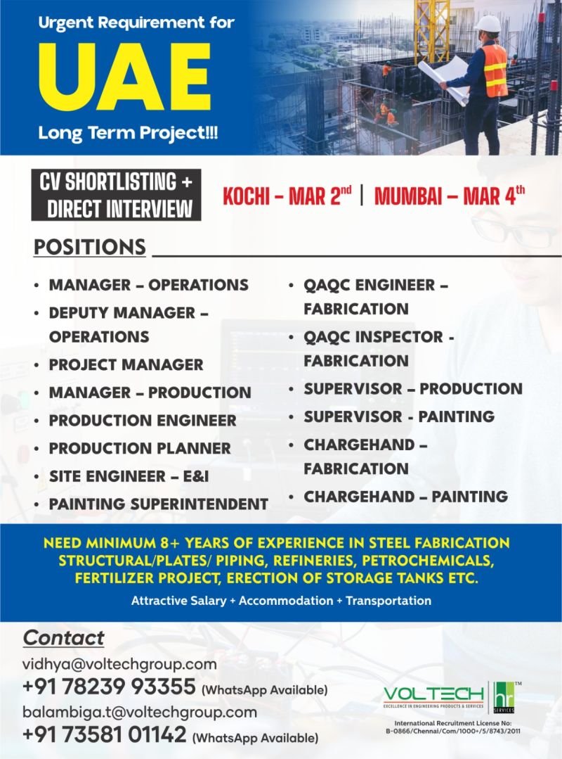 Urgent UAE Job Openings 2026: Long-Term Steel Fabrication & Oil & Gas Projects | Apply Today
