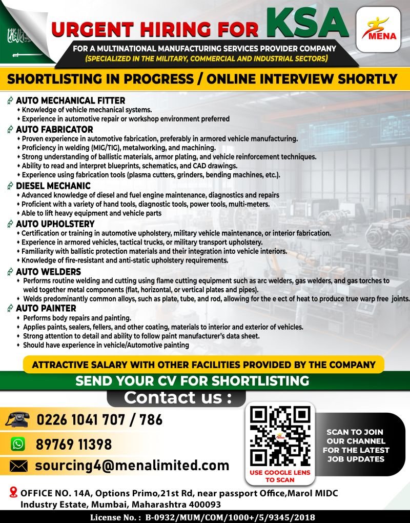 Saudi Arabia : Hiring For Multinational Manufacturing Services Provider (Specialized in Military, Commercial & Industrial Sectors)