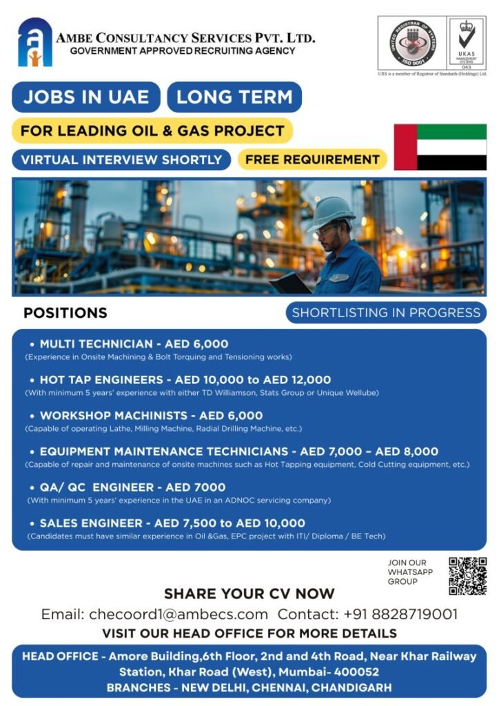 UAE Oil & Gas Jobs 2026 | Long-Term Project | Virtual Interview | Free Recruitment