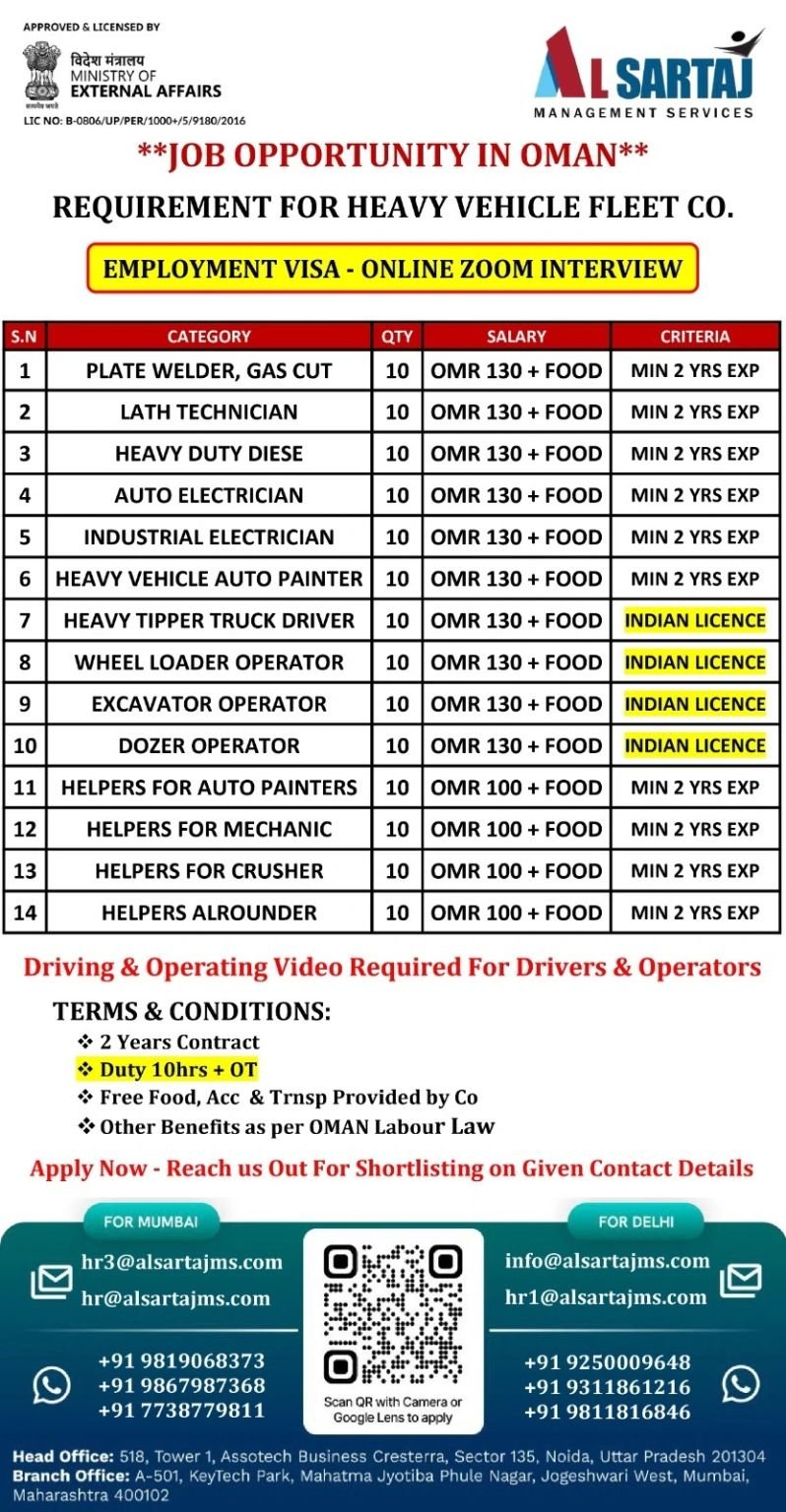 Oman : Hiring For Heavy Vechicle Fleet Company - Apply Now