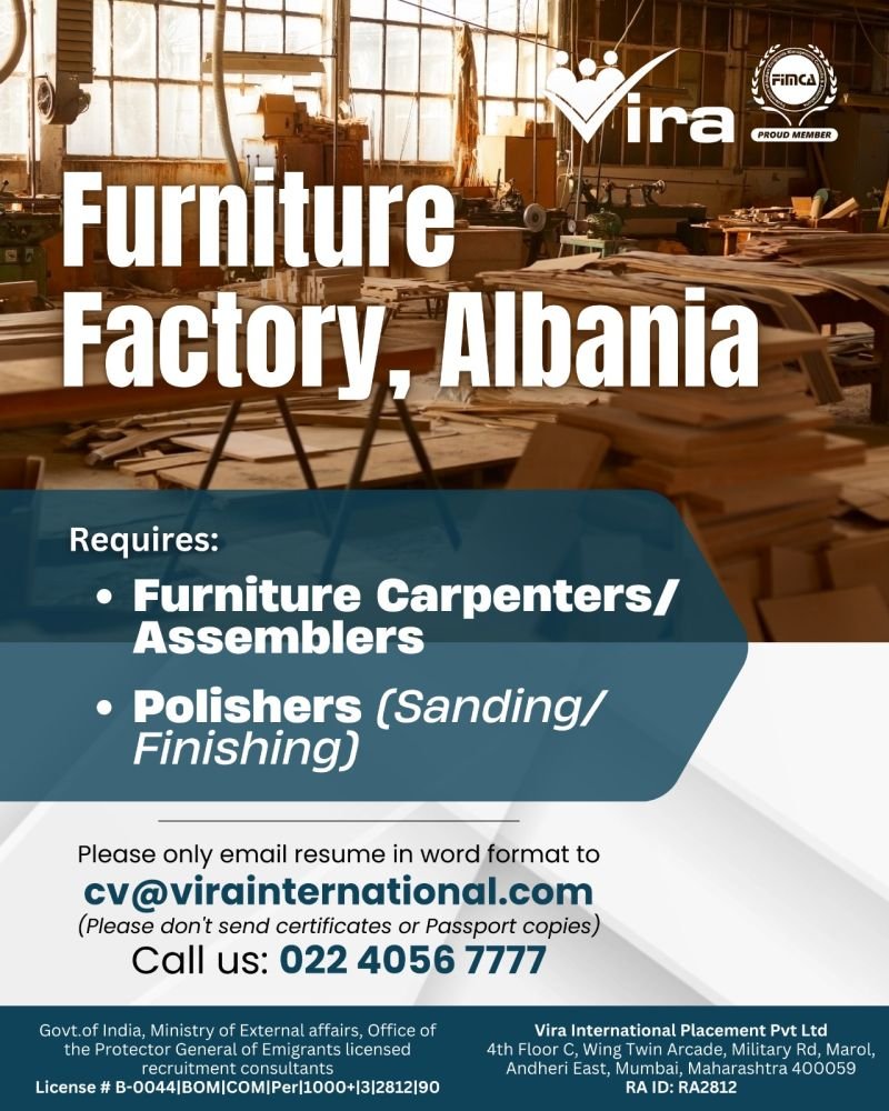 hiring for a premier Furniture Factory in Albania - Apply Now
