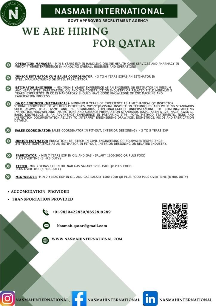 Qatar Job Vacancies 2026: Engineering, Fabrication & Sales Roles in Oil & Gas / Steel / Fit-Out Sector Qatar Job Vacancies 2026: Engineering, Fabrication & Sales Roles in Oil & Gas / Steel / Fit-Out Sector