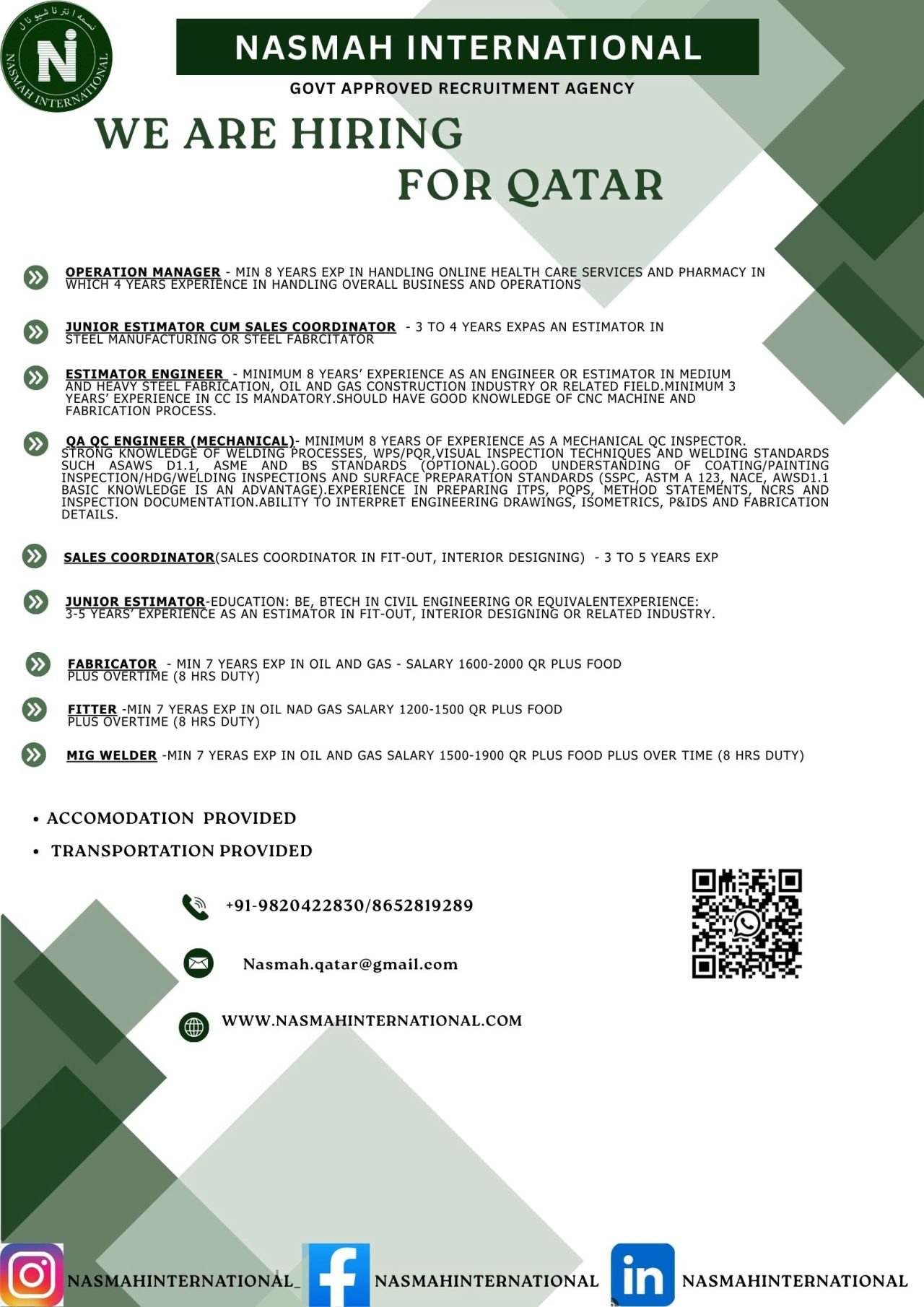 Qatar Job Vacancies 2026: Engineering, Fabrication & Sales Roles in Oil & Gas / Steel / Fit-Out Sector 