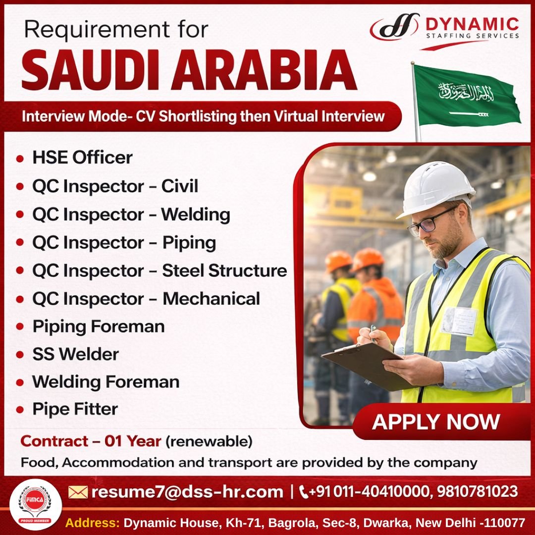 Saudi Arabia Job Vacancies 2026: Quality Control, HSE, Welding & Piping Roles – Apply Now