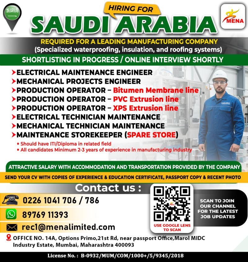 Hiring for Saudi Arabia Manufacturing Company (Specialized in Waterproofing, Insulation & Roofing Systems)