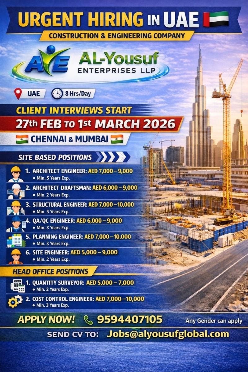 UAE Jobs 2026 : Hiring For Construction & Engineering Company