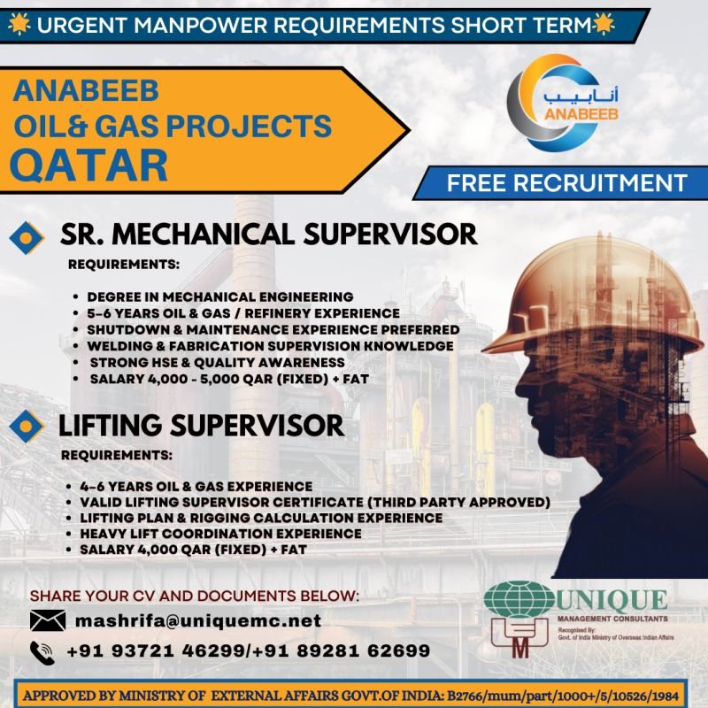Qatar : hiring for ANABEEB Oil & Gas Projects (Short-Term)