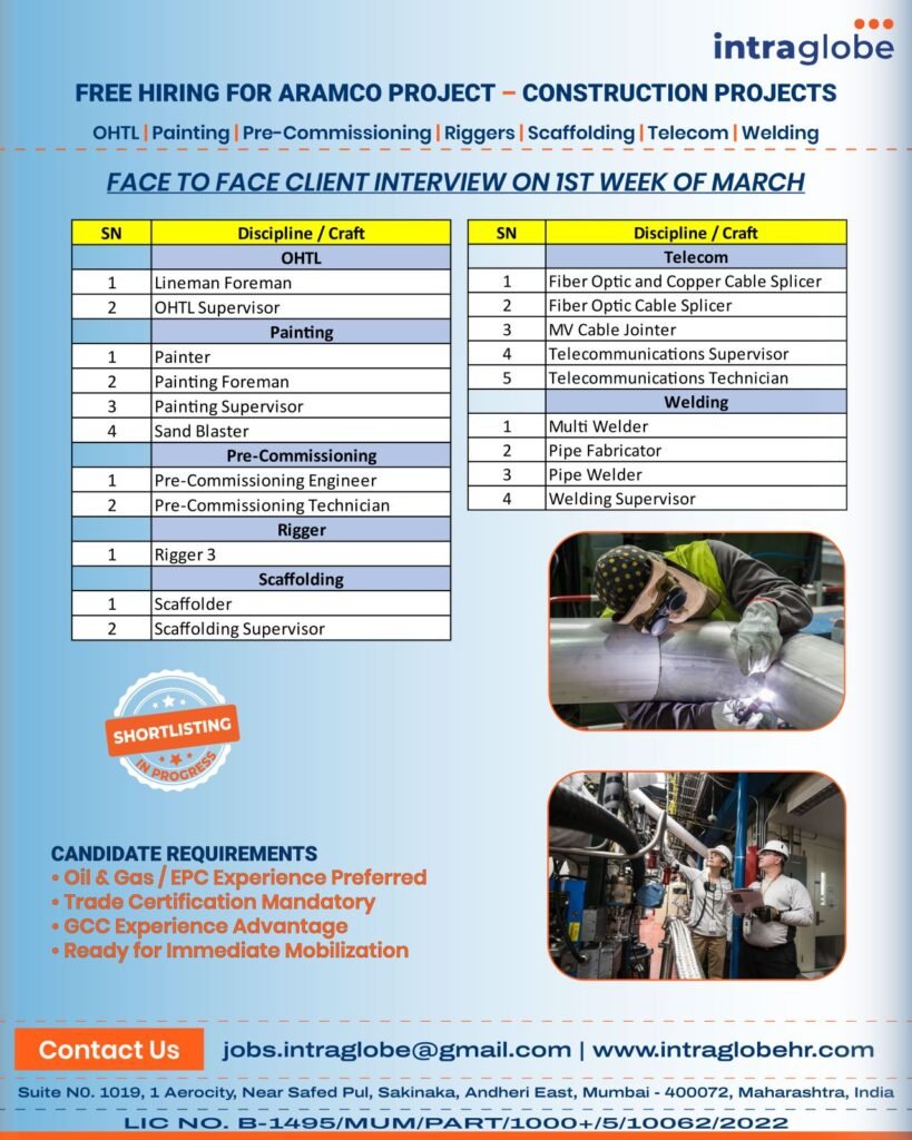 Aramco Free Hiring 2026 – Construction Project Vacancies in OHTL, Painting, Pre-Commissioning, Rigging, Scaffolding, Telecom & Welding