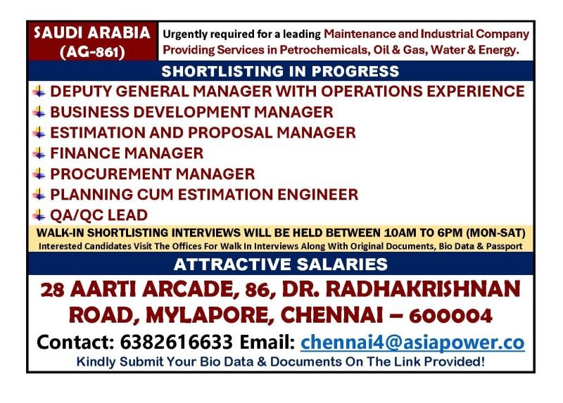 Saudi Arabia Jobs 2026 | Deputy GM, Finance, QA/QC & Procurement Managers | Maintenance & Industrial Company | Apply Now