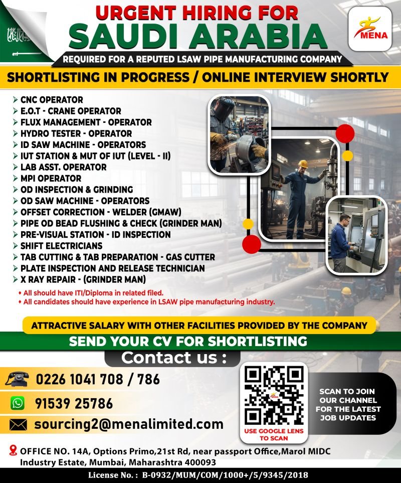 Hiring For a reputed LSAW Pipe Manufacturing Company in Saudi Arabia