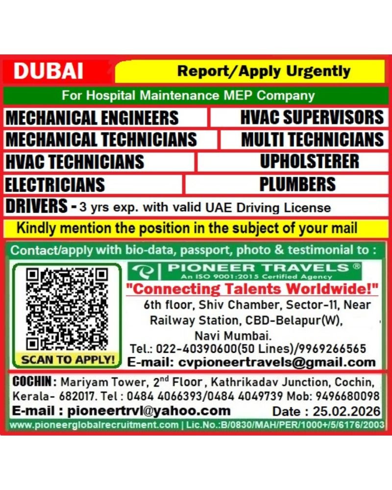 Dubai Hospital Maintenance Jobs 2026 – Urgent MEP Roles for Hospital Project | Free Recruitment 