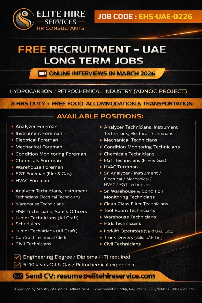 UAE - Free Recruitment for a leading Hydrocarbon / Petrochemical Industry 