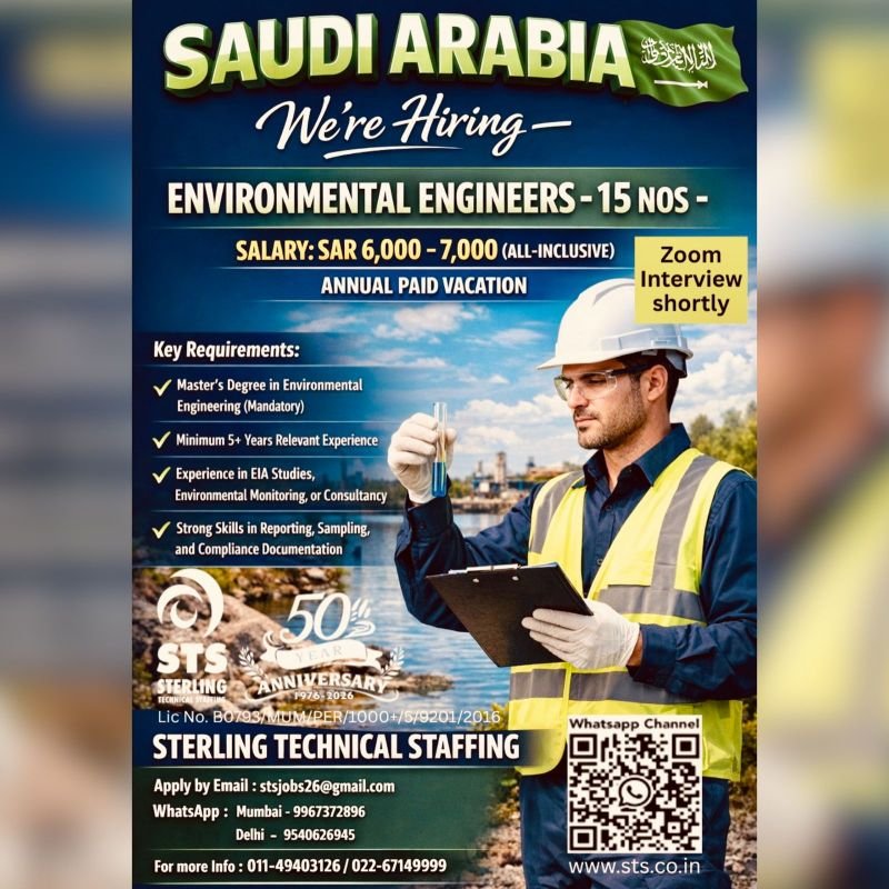 Urgently Hiring Environmental Engineers For A Reputed Company In Saudi Arabia