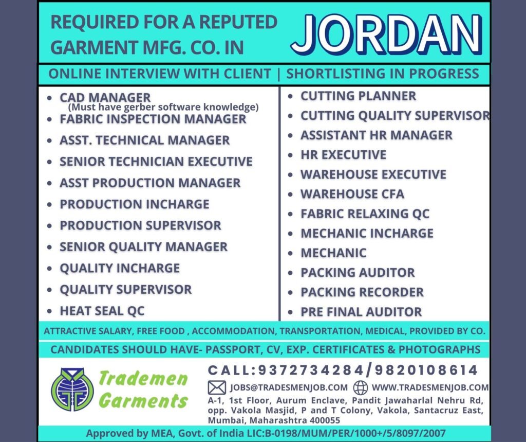 Jordan Garment Manufacturing Jobs 2026 – Urgent Openings for CAD, Production, Quality, HR & Technical Roles