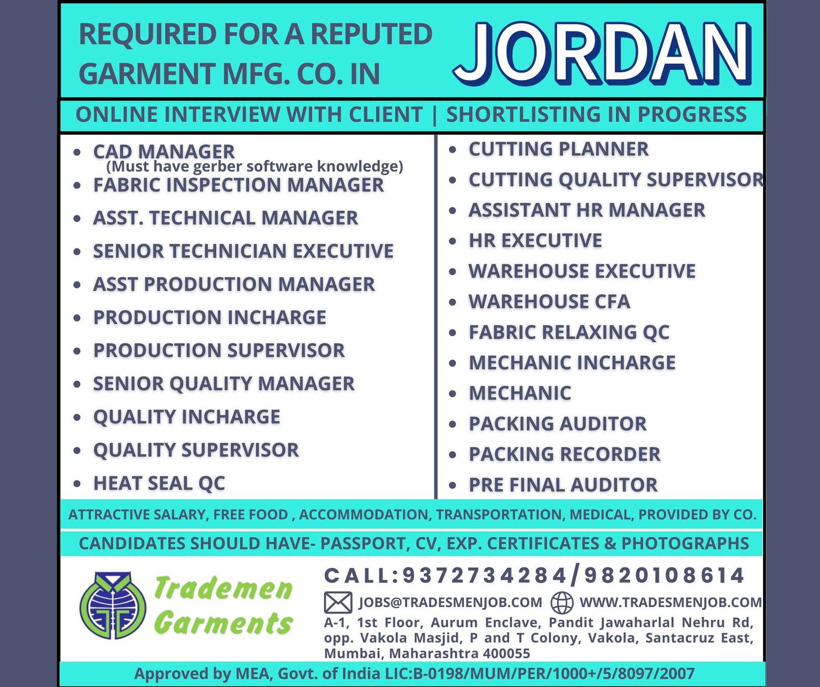 Jordan Garment Manufacturing Jobs 2026 – Urgent Openings for CAD, Production, Quality, HR & Technical Roles